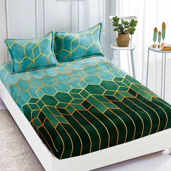 Cearsaf cu elastic COCOLINO, 180x200x25cm, 2 fete de perne, Jojo Home, Verde-Multicolor, forme geometrice