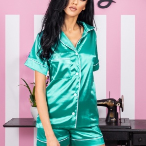 Pijama Luxury Andreea din Satin Verde cu vipusca alba