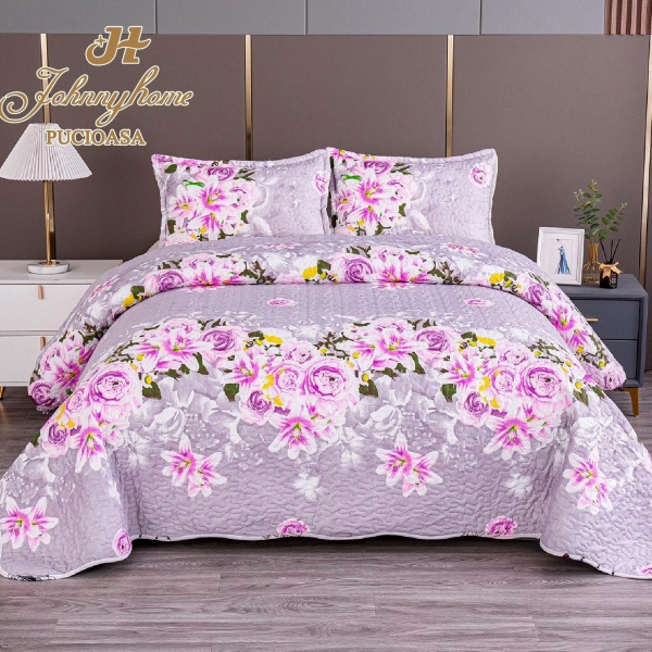 Cuvertura pentru pat dublu cu 2 fete, matlasata, Bumbac Satinat Superior, Roz, flori, frunze