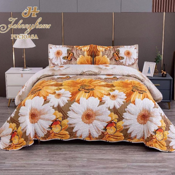 Cuvertura pentru pat dublu cu 2 fete, matlasata, Bumbac Satinat Superior, Portocaliu, flori