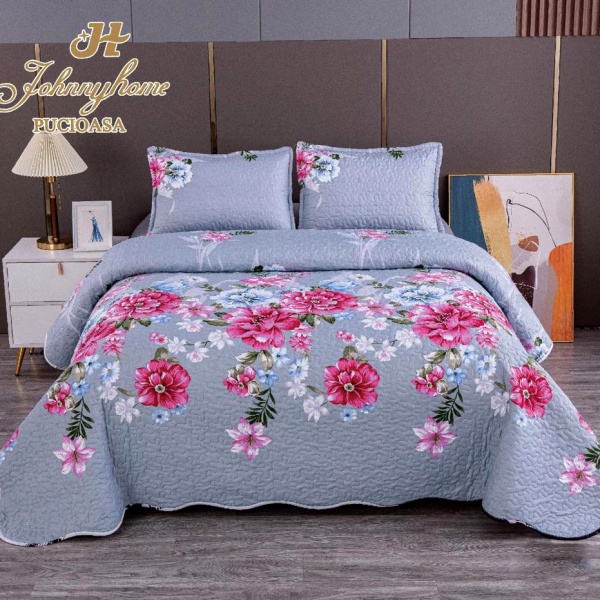 Cuvertura pentru pat dublu cu 2 fete, matlasata, Bumbac Satinat Superior, Gri, flori