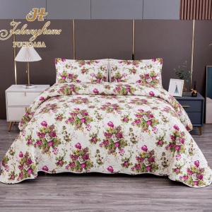 Cuvertura pentru pat dublu cu 2 fete, matlasata, Bumbac Satinat Superior, Rosu, flori, dungi