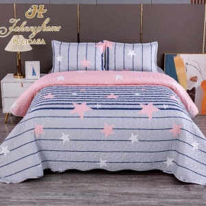 Cuvertura pentru pat dublu cu 2 fete, matlasata, Bumbac Satinat Superior, Roz, stelute, inimioare