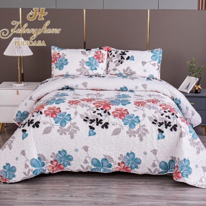 Cuvertura pentru pat dublu cu 2 fete, matlasata, Bumbac Satinat Superior, Albastru, flori